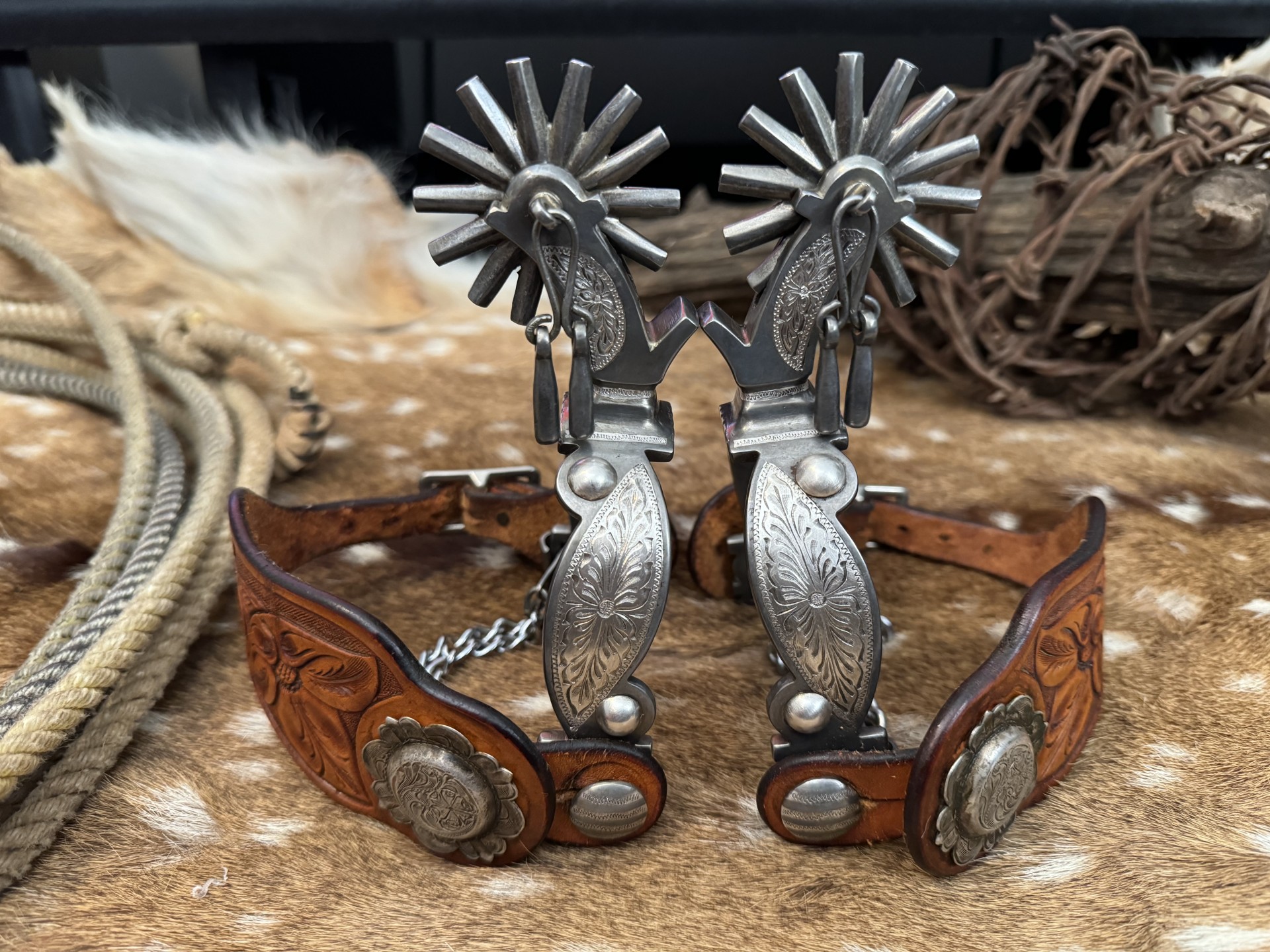 Garcia Elko Sterling Silver Overlay Engraved Spurs w/ J.M. Capriola ...